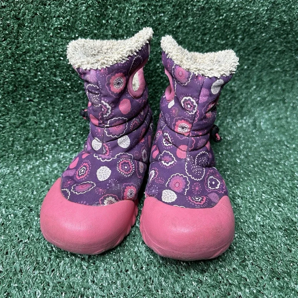 GIRLS‎ KIDS BOGS PULL ON FLORAL PINK WATERPROOF WARM LINED BOOTS SIZE 13